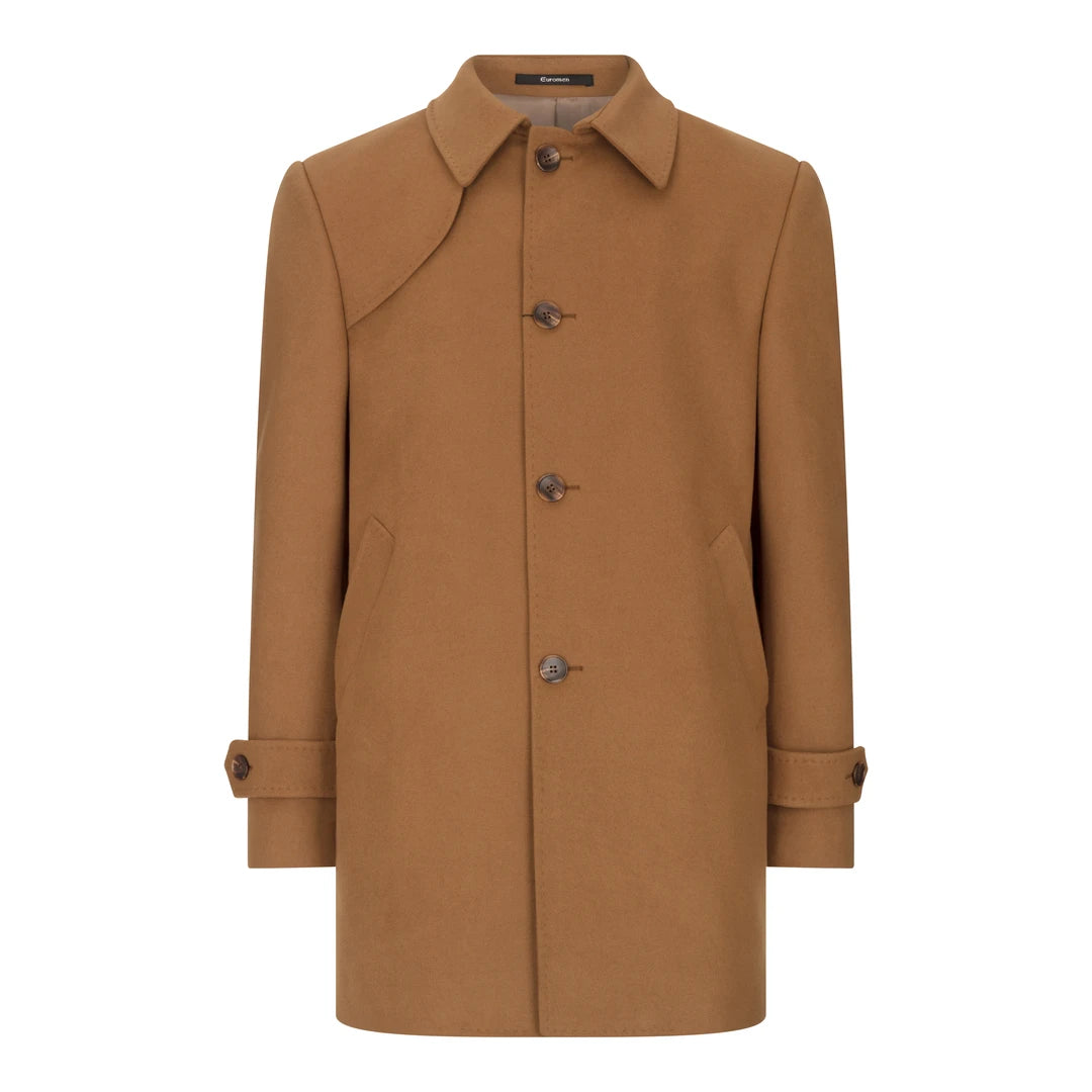 Men's Wool 3/4 Camel Tan Overcoat Classic Button Down Collar Shoulder Patch Unique Men's Patch