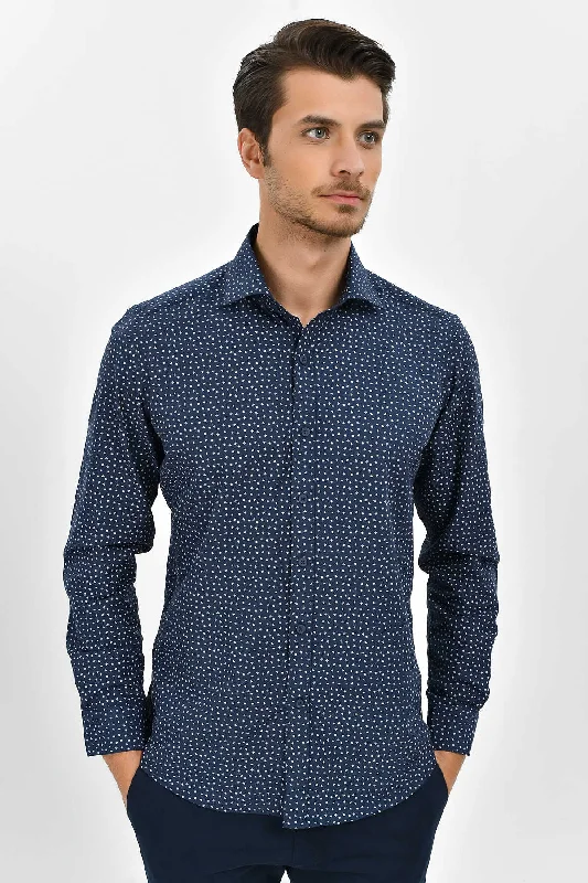 Slim Fit Printed 100% Cotton Blend Navy Dress Shirt Dynamic Men's Moto