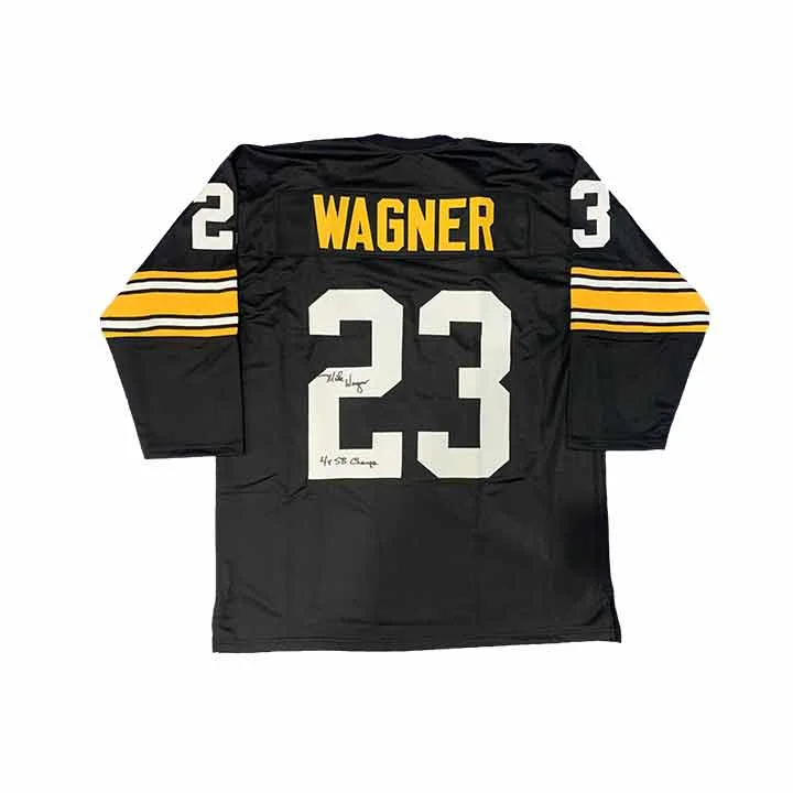 Mike Wagner Signed Custom 3/4 Sleeve Black Football Jersey With 4X SB Champs Sophisticated Men's 