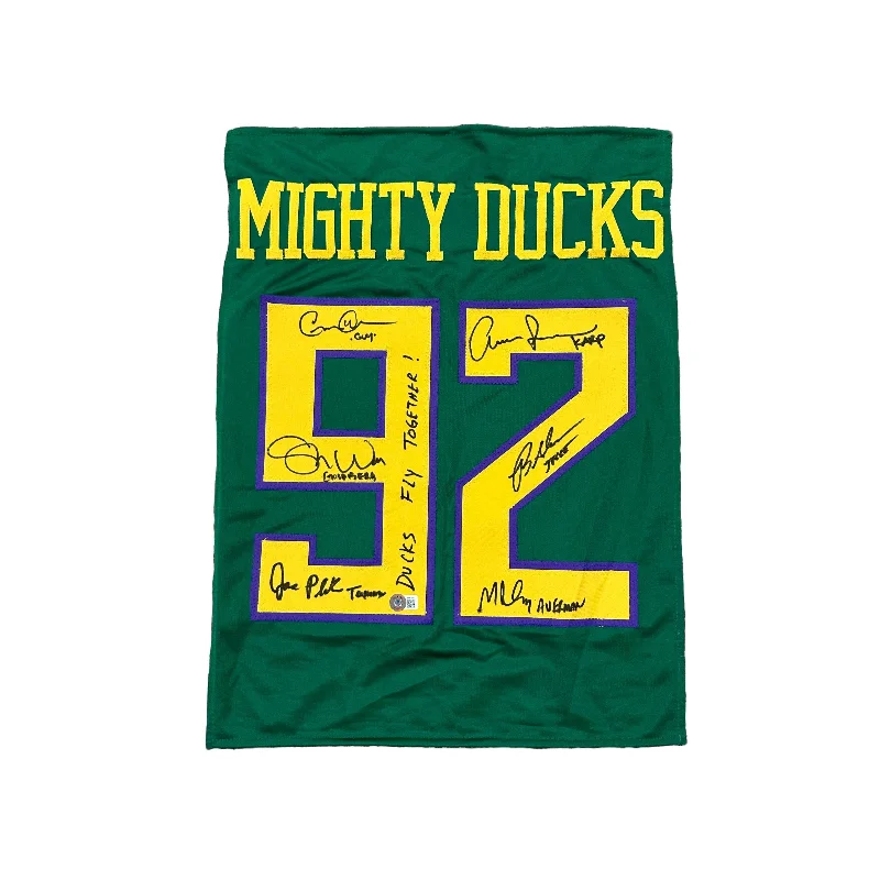 Mighty Ducks Cast Signed Green Custom Jersey Panel with "Ducks Fly Together" Edgy Men's Punk