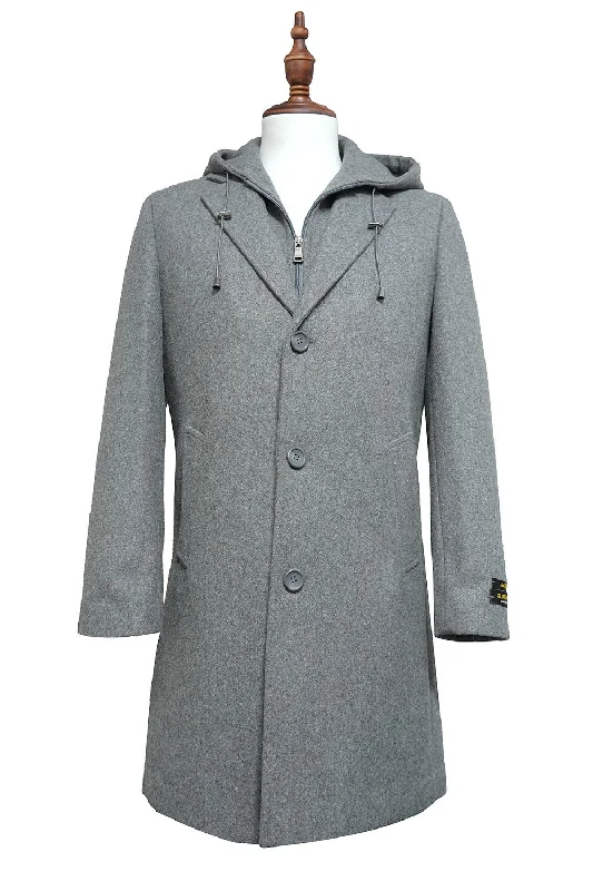 Light Gray Wool Slim Fit Top Coat with Hoodie Rugged Men's Outdoor 