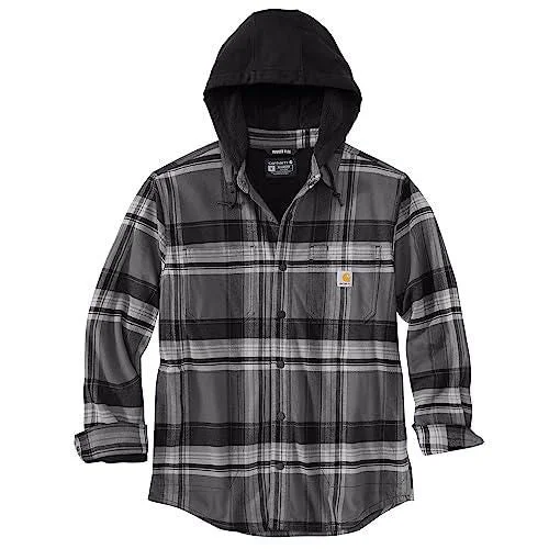 Rugged flex® relaxed fit flannel fleece lined hooded shirt jacket - Black /Shadow Tailored