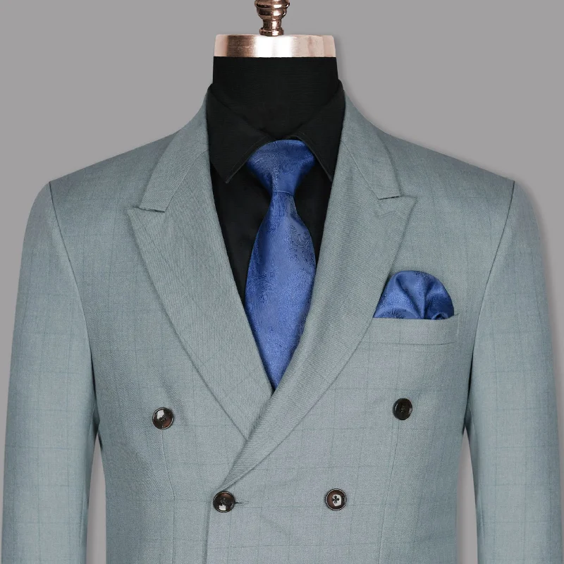 Light Grey Subtle Windowpane Wool Rich Double Breasted Blazer Sporty Men's Tennis