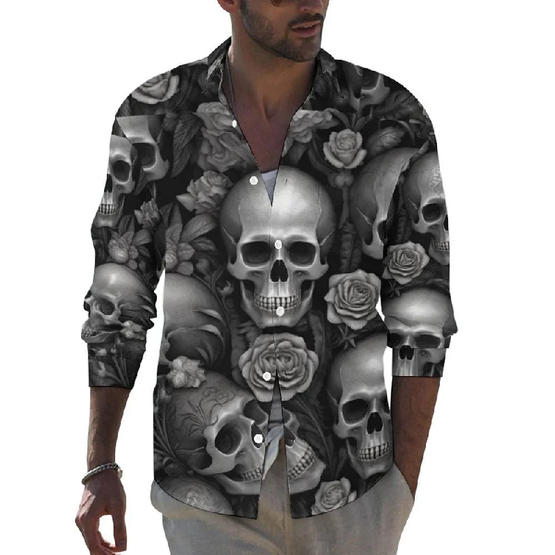 Men's Skulls Long Sleeve Shirt With Pocket Lapel Gym