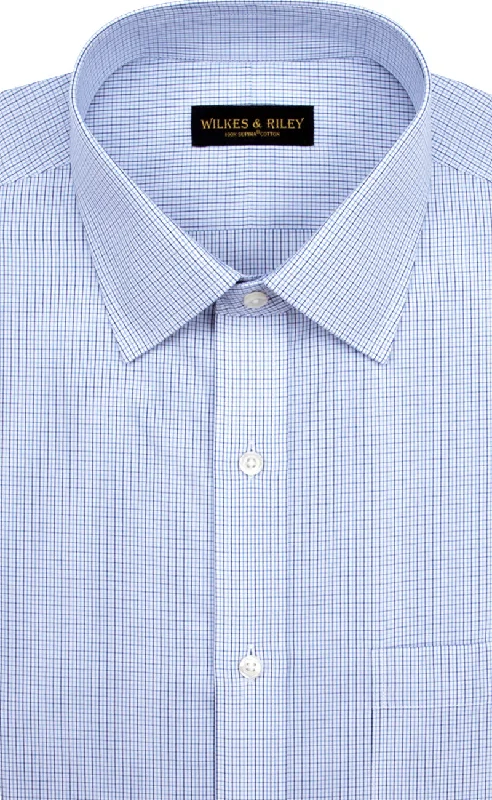 Slim Fit Blue/Navy Micro Check Spread Collar Supima® Cotton Non-Iron Broadcloth Dress Shirt Casual Men's Short