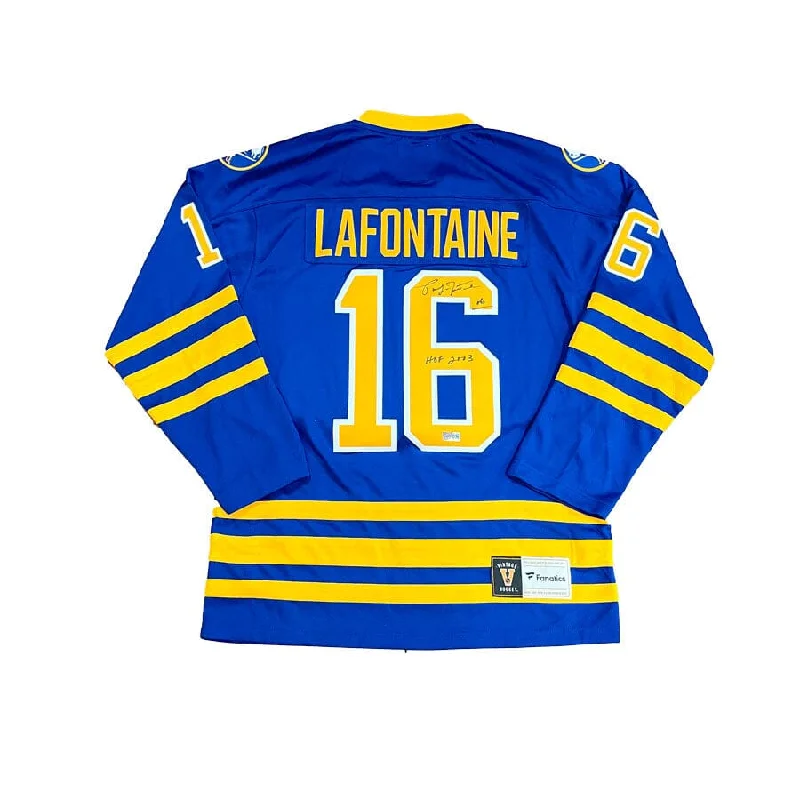 Pat LaFontaine Signed Buffalo Sabres Fanatics Breakaway Retired Player Blue Jersey with HOF 03 Dapper Men's Bow