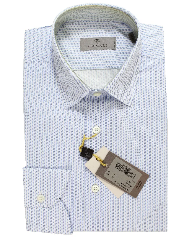 Canali Shirt White Royal Blue Patterned Stripes Design - Modern Fit 38 - 15 Minimalist Men's Casual 