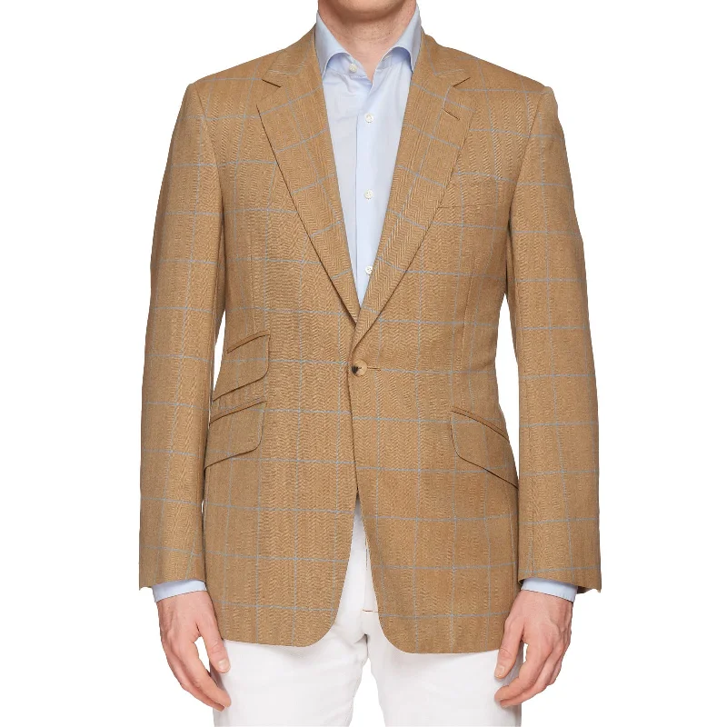 HUNTSMAN Savile Row Bespoke Tan Herringbone Plaid Wool 1 Button Jacket NEW US 40 Casual Men's Short