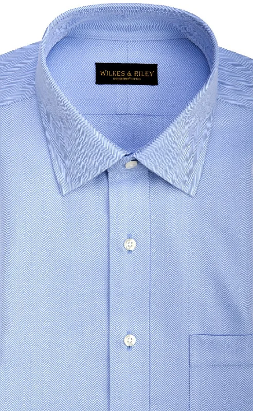 Tailored fit Blue Herringbone Spread Collar Supima® Cotton Non-Iron Dress Shirt Polished Men's Satin