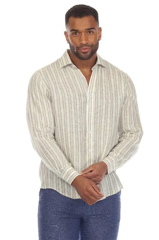 Men's Causal Pinstripe Shirt 100% Linen Long Sleeve Button Down Sleek Men's Metallic