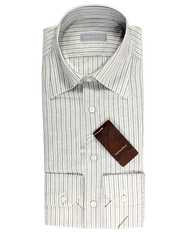 Stefano Ricci Shirt Slim Fit White Taupe Stripes Linen Cotton 38 - 15 SALE Dapper Men's Bow