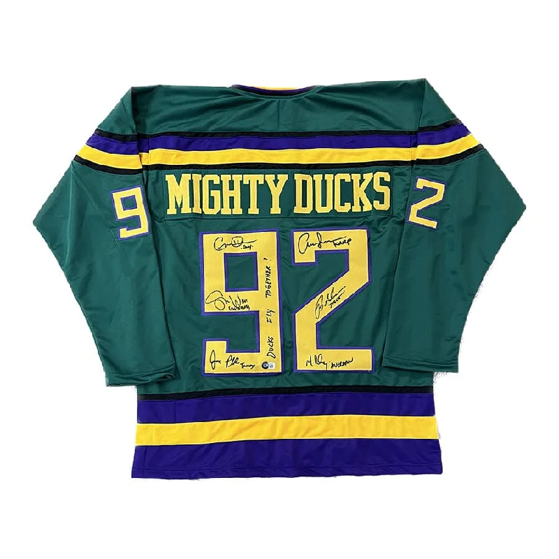 Mighty Ducks Cast Signed Green Jersey with "Ducks Fly Together!" Casual Men's Loose