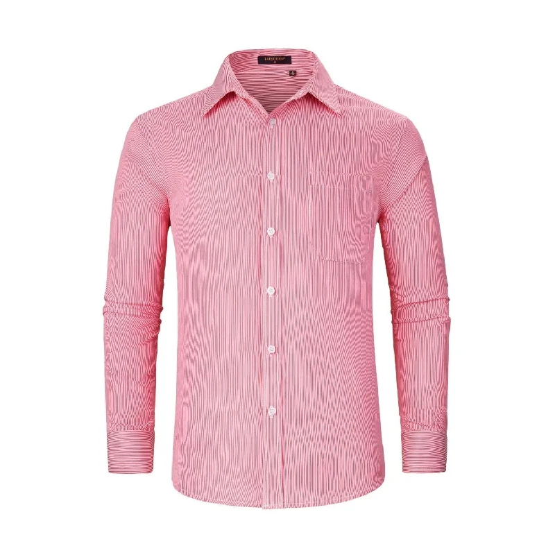 Men's Casual Long Sleeve Striped Shirt - RED Classic Men's Pin