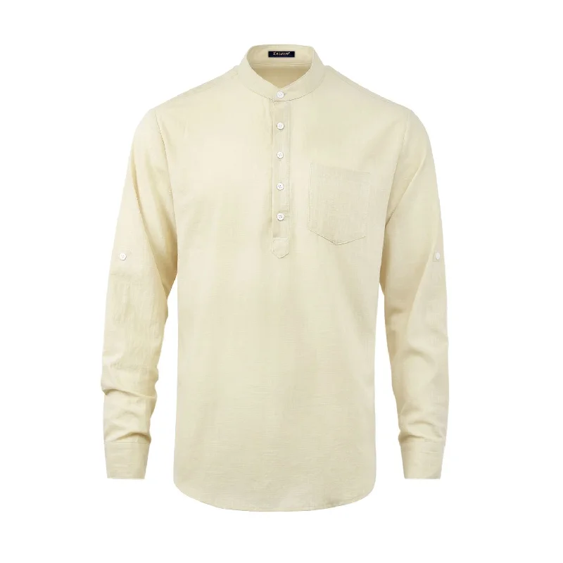 Men‘s Henley Shirt Lightweight with Pocket - BEIGE-1 Cool Men's Distressed