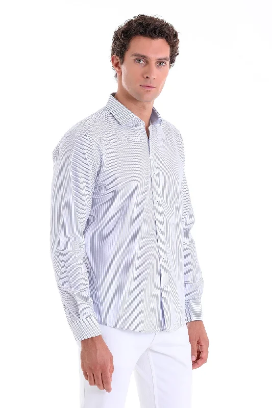 Comfort Fit Striped Long Sleeve Cotton Navy Dress Shirt Streetwear Style