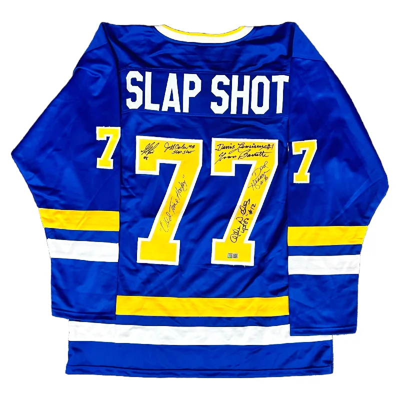 Slap Shot Multi Signed Blue Chiefs Jersey Lumberjack