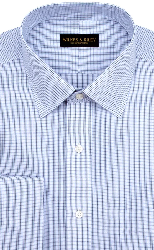 Tailored Fit Blue / Navy Micro Check Spread Collar French Cuff Supima® cotton Non-Iron Broadcloth Dress Shirt Youthful Men's Pop