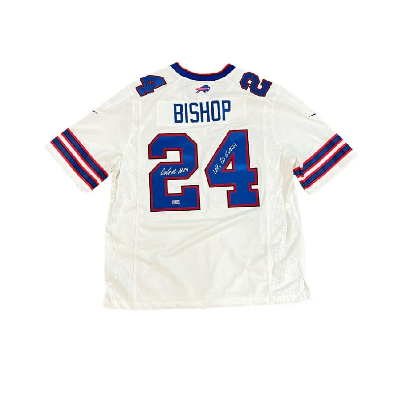 Cole Bishop Signed Buffalo Bills Nike Authentic White Jersey with Let's Go Buffalo Trendy Men's Bucket