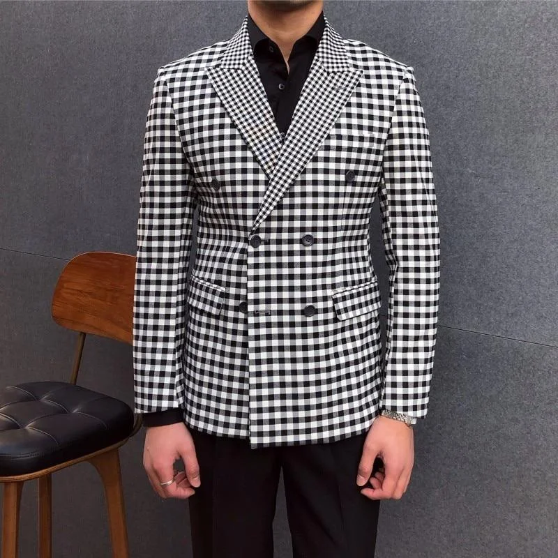 Men Blazer - Checked Black-White Blazer Artistic Men's Hand