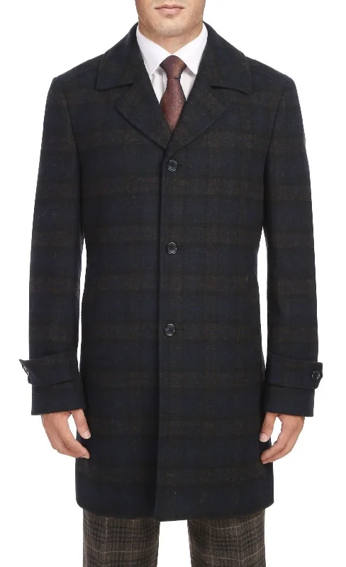 Navy Slim Fit Wool Blended Long Overcoat Youthful Men's Pop