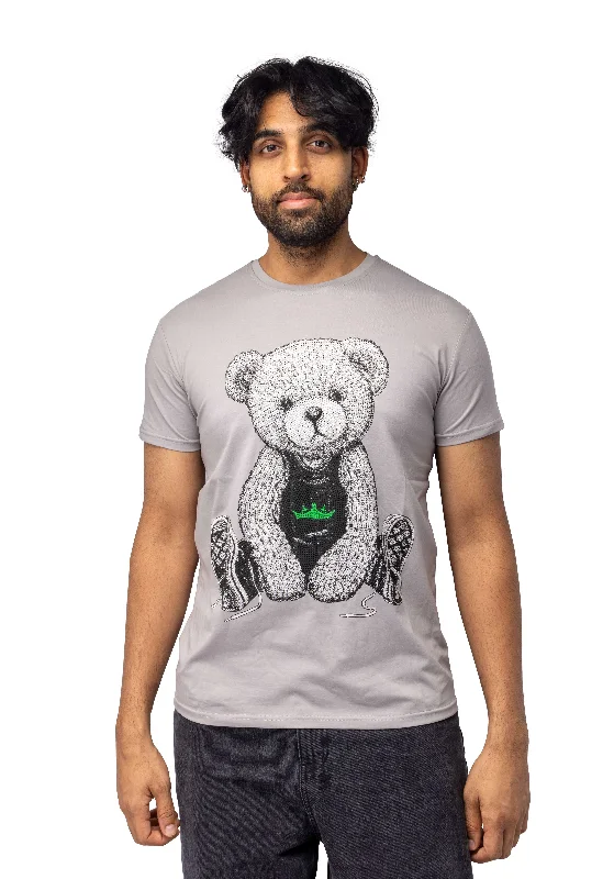 Heads or Tails Men's Slim Fit Crewneck Rhinestone Studded Graphic Printed T-Shirt Stone Tee Seated Bear With Green Crown Laid