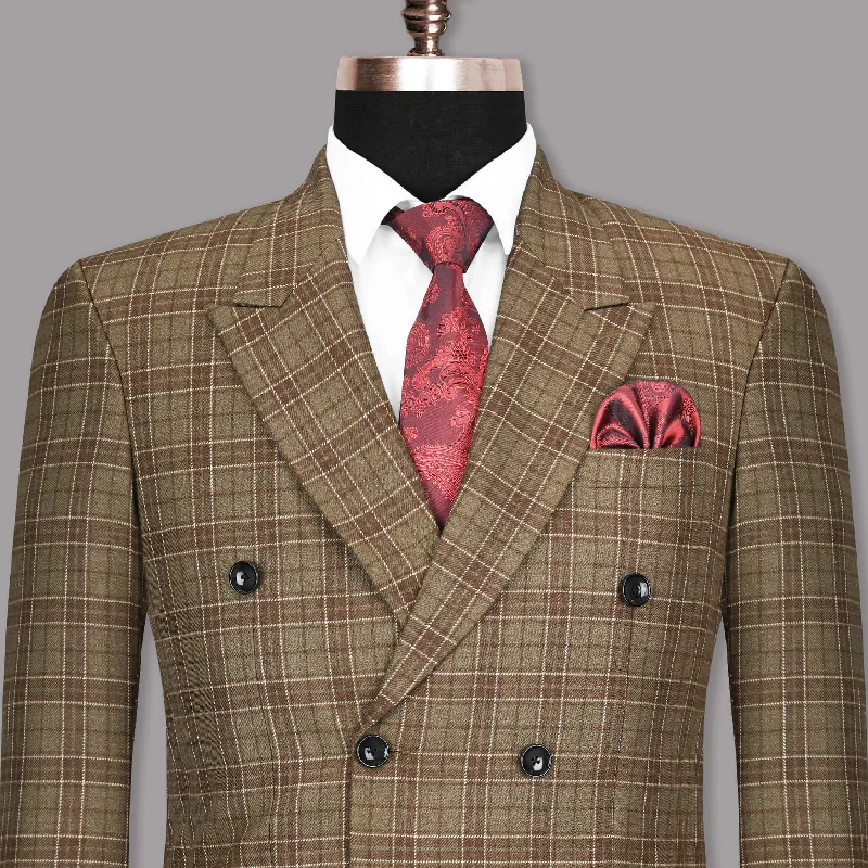 Shingle Fawn with Sand Dune Brown Twill Double-Breasted Plaid Blazer Bohemian Men's Free