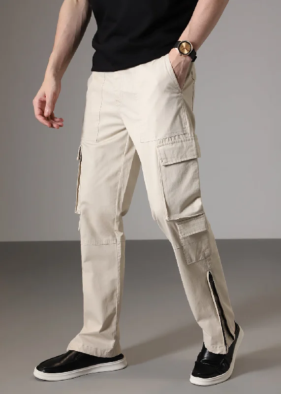 Cream Zipper Cargo Pant Cozy Men's Winter