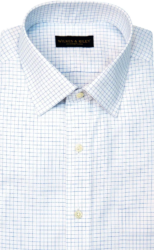 Slim Fit White Ground Blue twill Check Spread Collar Supima® Cotton Non-Iron Dress Shirt Vacation