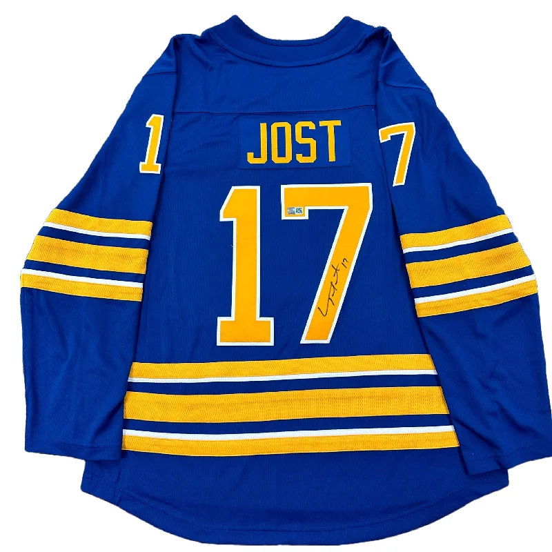 Tyson Jost Signed Sabres Authentic Fanatics Licensed Blue Jersey Cclassic Men's Tweed