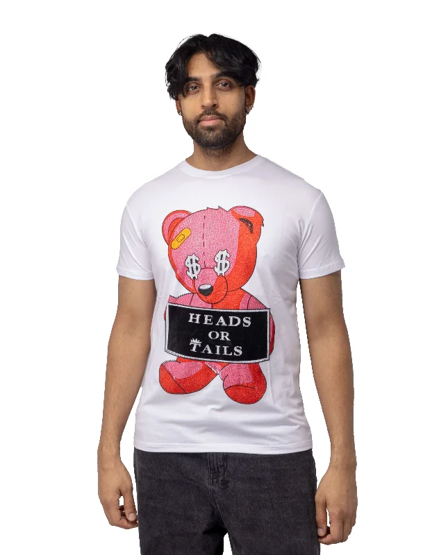 Heads or Tails Men's Slim Fit Crewneck Rhinestone Studded Graphic Printed T-Shirt Stone Tee Red Teddy Cash Bear Beach