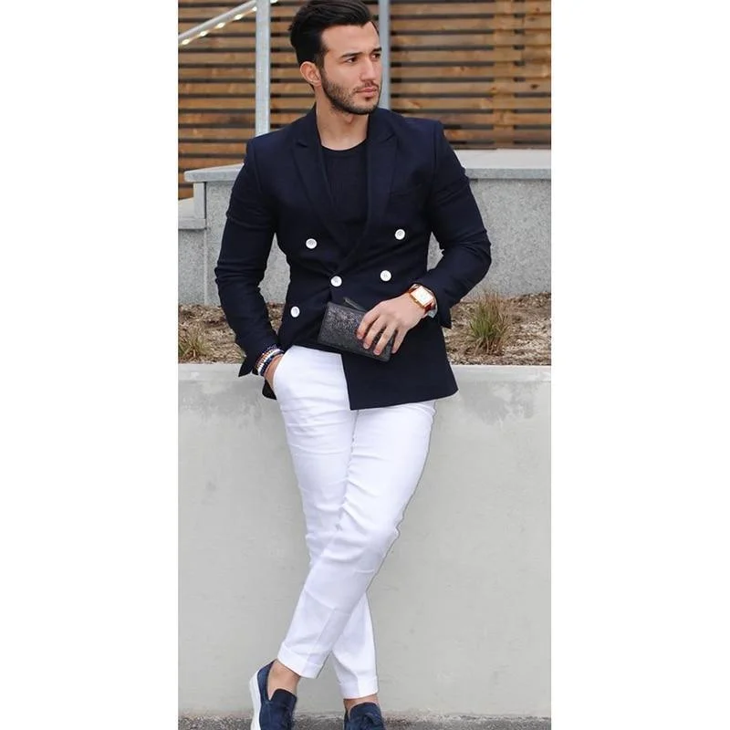 Men Blazer - Navy Blue Double-Breasted Blazer Refined Men's Velvet