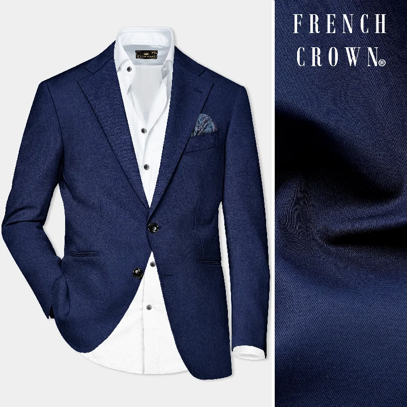 Bunting Blue Solid Wool Rich Single Breasted Blazer Sporty Men's Athleisure 