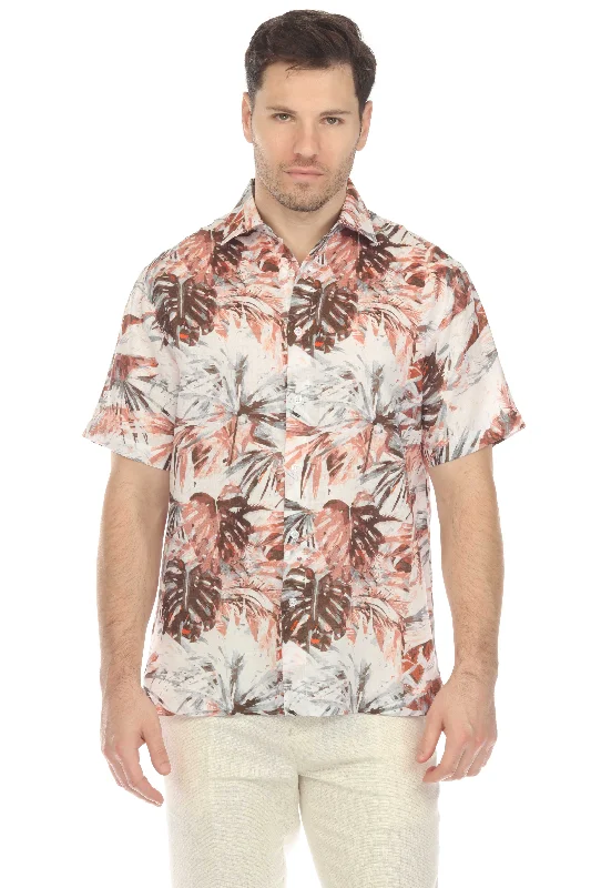 100% Linen Natural Hawaiian Short Sleeve Shirt Rugged Men's Outdoor 