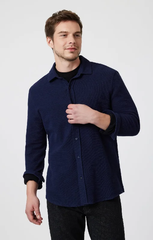 BUTTON-UP LONG SLEEVE SHIRT IN MARITIME BLUE Unique Men's Upcycled