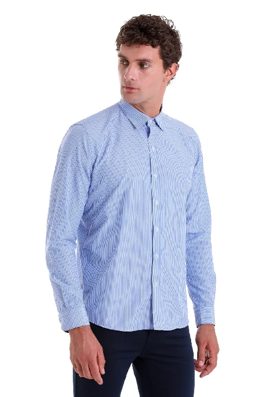 Comfort Fit Striped Cotton Blend Blue Dress Shirt Confident Men's High