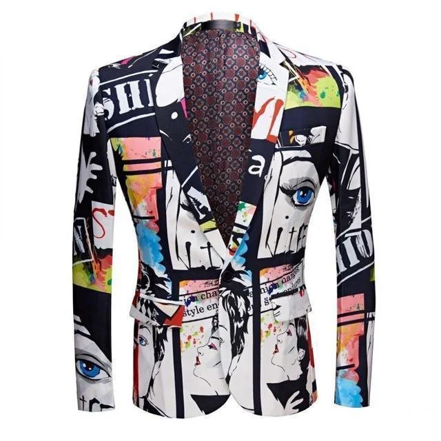 Men Blazer - Multicolor Face Print Blazer Gym