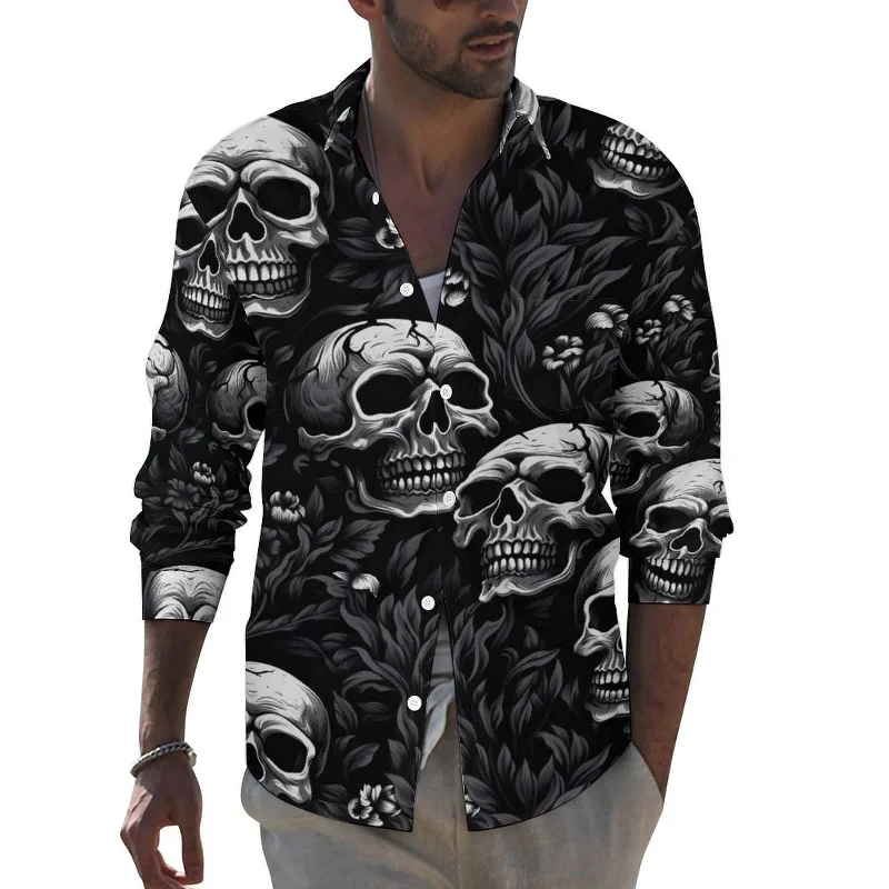 Men's Skulls Pattern Long-sleeved Shirt with Pocket Elegant Men's Formal 