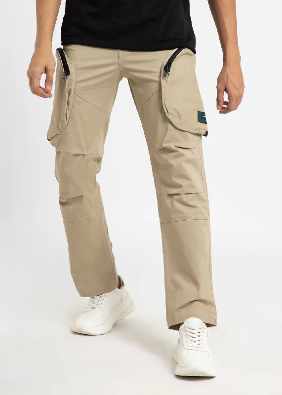 Soft Beige Zipper Cargo Pant Casual Men's Loose