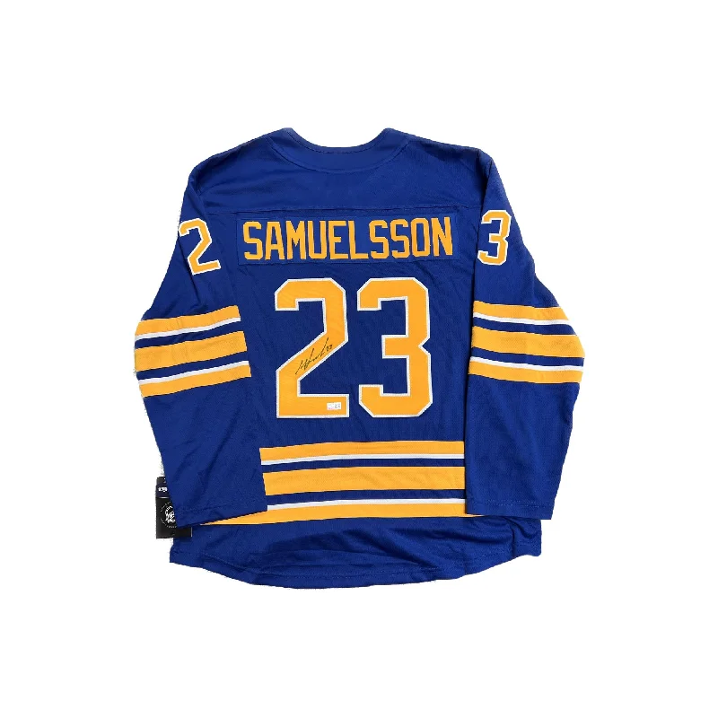 Mattias Samuelsson Signed Sabres Authentic Fanatics Blue Jersey Athletic Men's Compression