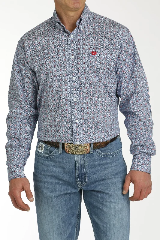 Cinch Men's White & Blue Geo Shirt Polished Men's Silk