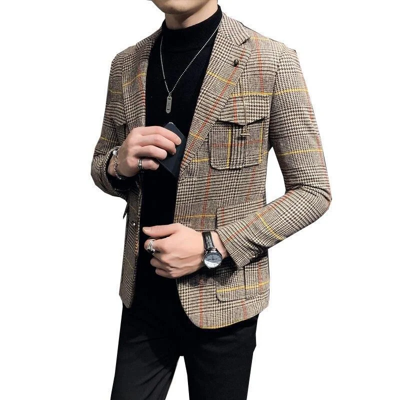 Men Blazer - Plaid Houndstooth Blazer Traditional Men's Wool