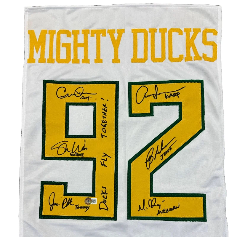 Mighty Ducks Cast Signed White Custom Jersey Panel with "Ducks Fly Together" Modern Men's Tech