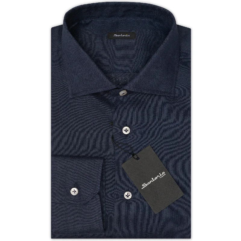 SARTORIO Napoli by KITON Midnight Blue Linen Spread Collar Shirt Slim Fit NEW Refined Men's Velvet