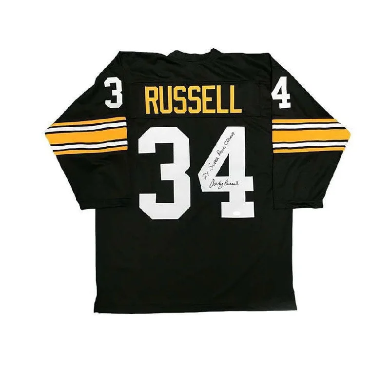 Andy Russell Signed 3/4 Sleeve Black Custom Jersey Insc. 2X SB Champs Rugged Men's Outdoor 