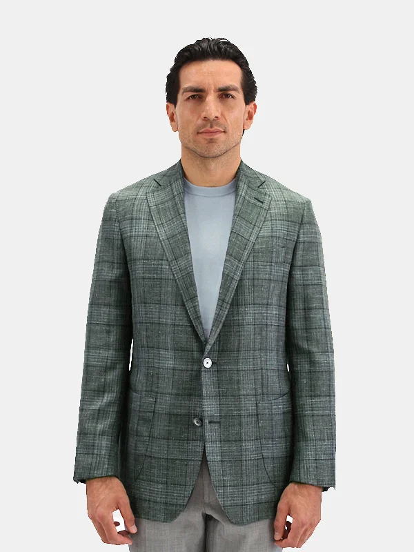 Lago Blazer Wool Silk & Linen Check Mid Green Elegant Men's Cashmere