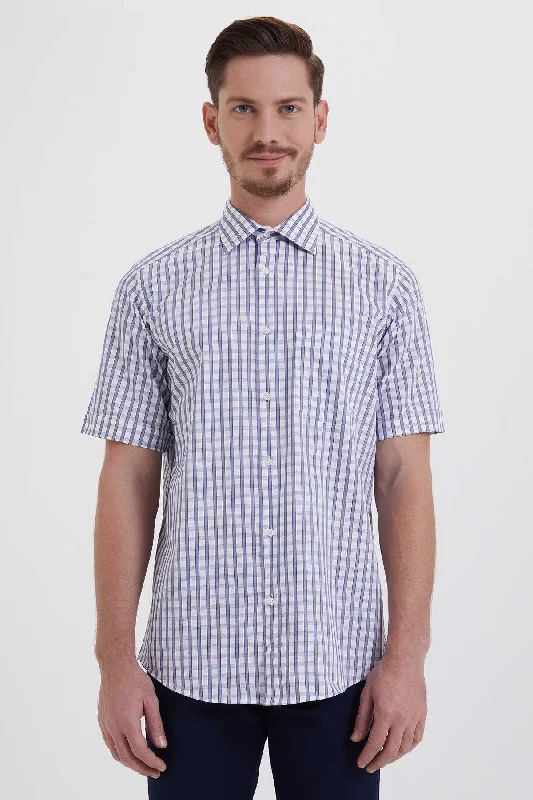 Classic Fit Short Sleeve Plaid Cotton Blue Dress Shirt Monochromatic All