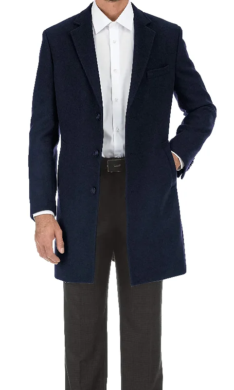 English Laundry Navy Fall/Winter Essential Slim Fit Wool Blend Overcoat Modern Men's 