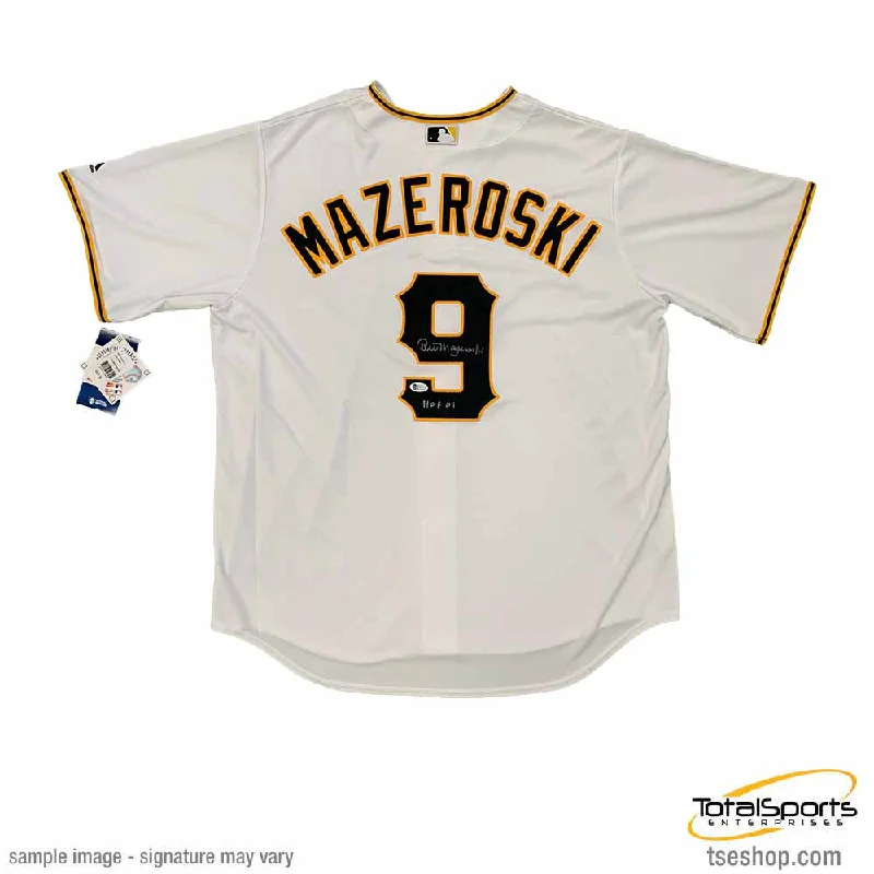 Bill Mazeroski Signed Authentic Pittsburgh Pirates White Jersey with HOF 01 Unique Men's Upcycled