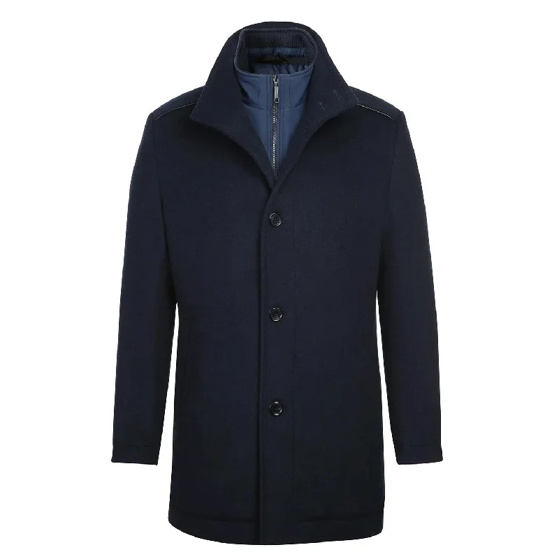 English Laundry Navy Slim Fit Wool Blend Short Coat with Detachable Full Zipper Sleek Men's Metallic