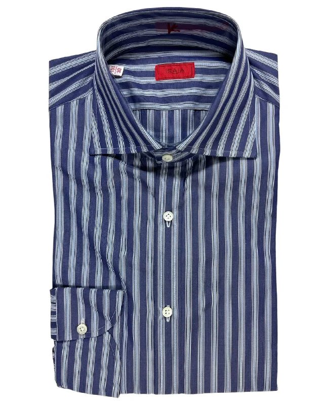 Isaia Dress Shirt Dark Blue Stripes 39 - 15 1/2 Regular Fit Trendy Men's Scandinavian